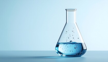 精密な配合の瞬間。透明なガラスフラスコ内で舞う繊細な気泡とクリーンな光の演出