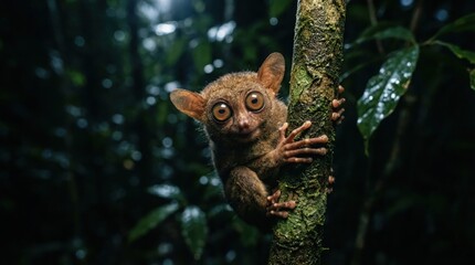 Tiny Tarsier with big eyes clinging to tree at night in Sulawesi forest