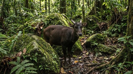 Lowland Anoa dwarf buffalo standing in dense rainforest shadows