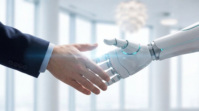 AI Robot Handshake with a Human, Illustrating Future Technology, Digital Partnership, and Collaborative Work Environment