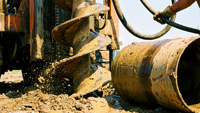 Heavy machinery operates a large, mud-covered auger drill aggressively breaking ground for deep foundation construction or utility bore installation in challenging soil.