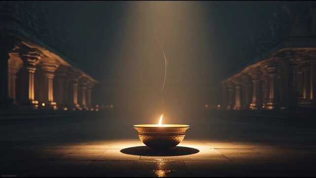 Sacred Glowing Lamp in Dark Temple Corridor Spiritual Ritual Light