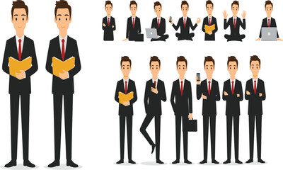 Young Businessman Character Set in Black Suit Holding a Notebook and Using Laptop in Various Poses.