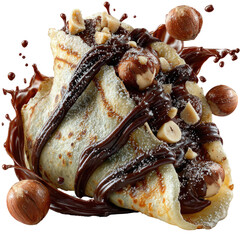 Sweet crepe folded, drizzled with chocolate sauce, topped with hazelnuts, splash effect
