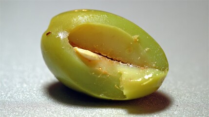 Close-Up of Split Green Olive Exposing Inner Flesh and Pit