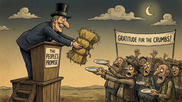 Cartoon illustration depicting a well-dressed politician offering a small bundle of straw from a podium labeled "The People's Promise" to impoverished, hungry people holding empty plates.