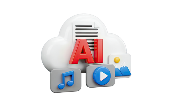 AI Cloud Data Icons: Music, Video, Images - Powered by Adobe