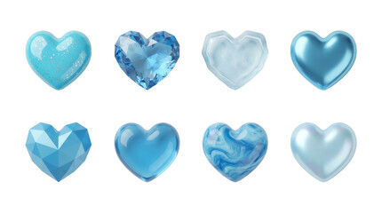 Fototapeta premium Blue heart set including gemstone, crystalline, liquid, metallic, and glass styles isolated. Decorative icons for romance and jewelry design.