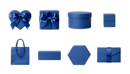 Blue gift box set including heart, square, round, hexagon, envelope, and shopping bag isolated. Luxury packaging and celebration collection.