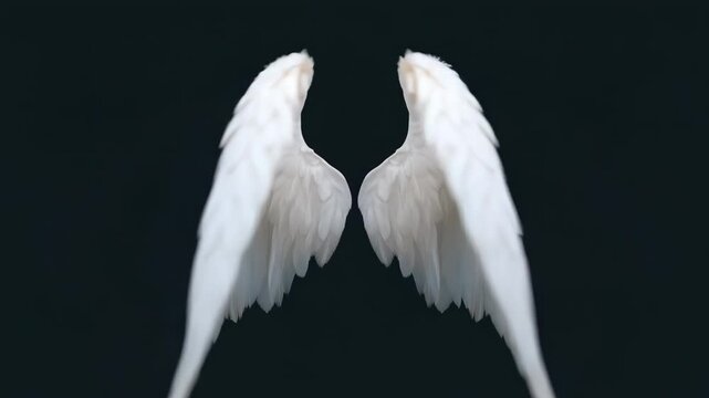 White angel wings isolated on dark background symbolizing purity, fantasy, spirituality and divine presence