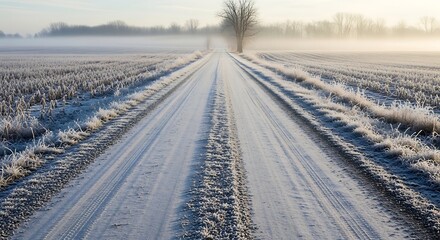 Snowy road leading to a misty horizon landscape sunlight and winter
