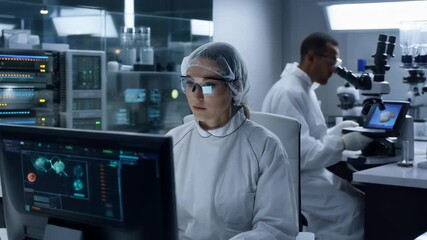 Scientists in protective suits working in modern laboratory with computers and microscopes for research - Powered by Adobe