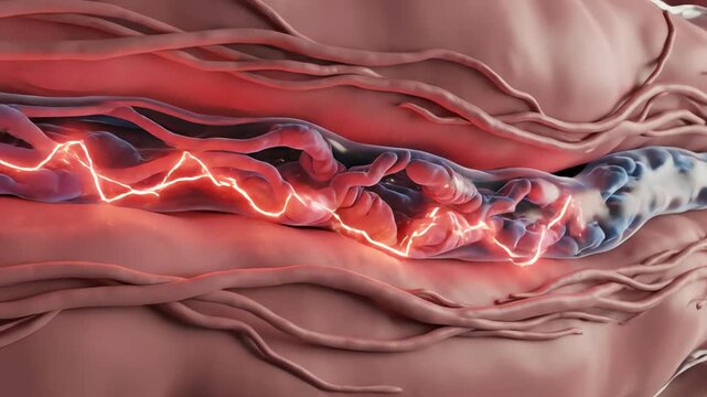 Nociceptor nerve endings embedded in soft tissue, their membranes shimmering as ion channels open in response to a mild stimulus. Sodium particles rush inward like tiny glowing sparks