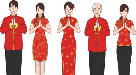 Chinese Family Collection in Traditional Red Cheongsam and Tang Suit Greeting for Lunar New Year Celebration.
