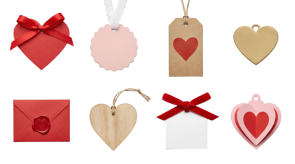 Valentine's Day stationery set including gift tags, envelope with wax seal, heart ornaments, and ribbon bows isolated. Romantic craft and wedding decor collection.