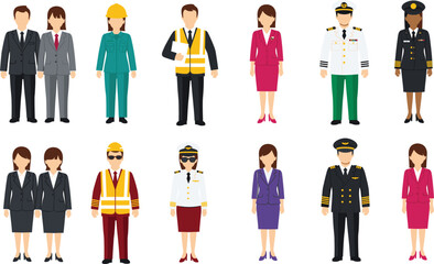 Diverse Professional Uniform Icon Set Featuring Pilot, Engineer, Doctor, and Corporate Business Attire for Men and Women.