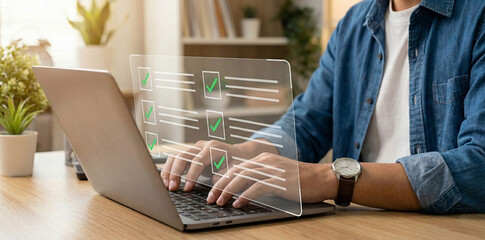Digital to do list system displayed over user working on laptop, focusing on productivity, task management, and strategic planning for successful project execution in personal or business setting