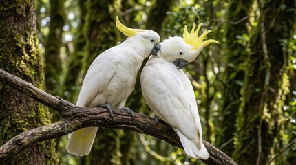 Pair of wild Yellow-crested Cockatoos perched in forest tree