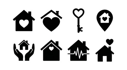 Black house and heart icon set including home location, protection, love, security, and healthcare variants isolated. Real estate and family life collection.