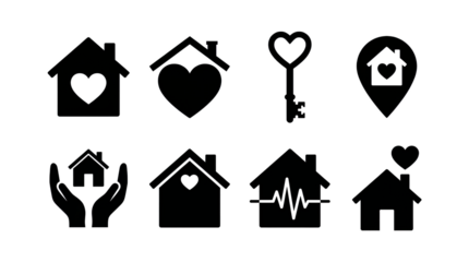 Black house and heart icon set including home location, protection, love, security, and healthcare variants isolated. Real estate and family life collection.
