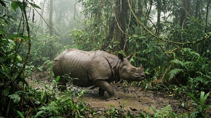 Rare Javan Rhinoceros with one horn wading in mud in dense rainforest