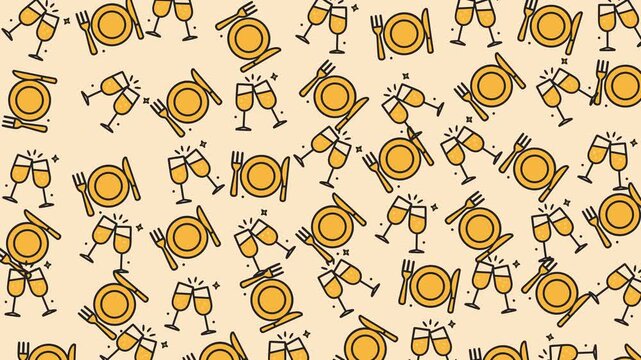 Doodle wedding equipment celebration dining pattern festive champagne toast suitable for event invitations, restaurant promotions, or party backgrounds.