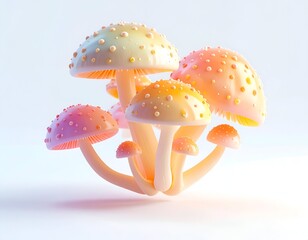 Pastel-colored cluster of fanciful mushrooms with dotted caps and soft light