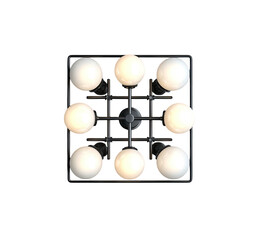 Top-down view of a black metal chandelier with nine glowing spherical bulbs