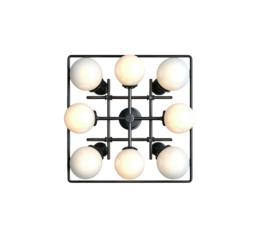 Top-down view of a black metal chandelier with nine glowing spherical bulbs