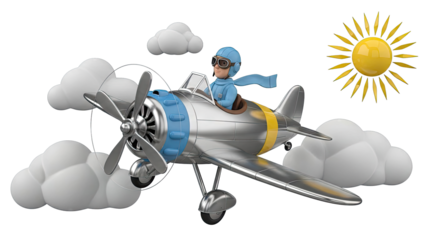 Cartoon pilot in vintage airplane flying through clouds with sun