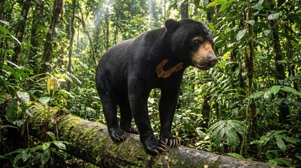 Sun Bear standing on log in jungle showing chest patch