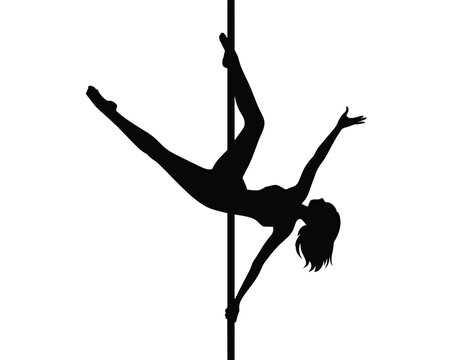Silhouette of athletic woman performing pole dance fitness exercise upside down balancing on pole artistic sensual dancer silhouette training workout for flexibility body strength studio performance a