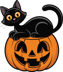 Cartoon black cat sitting on carved Halloween pumpkin illustration spooky cute feline pet character for seasonal greeting card design invitations party decorations holiday celebration fall harvest fes