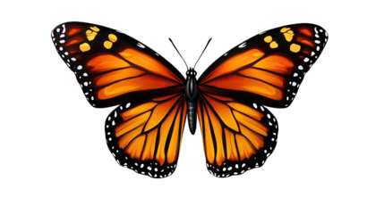 Detailed illustration of a vibrant orange and black monarch butterfly showing its delicate wing patterns and body detail on transparent background