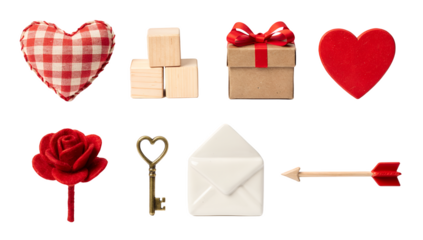 Valentine's Day romantic object set including hearts, gift box, rose, key, envelope, and arrow isolated. Love and anniversary holiday collection.
