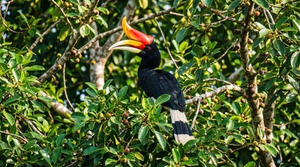 Rhinoceros Hornbill bird with colorful beak in rainforest