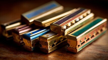Collection of Colorful Harmonicas Stacked on a Wooden Surface