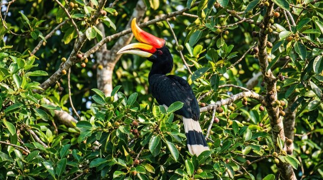 Rhinoceros Hornbill bird with colorful beak in rainforest