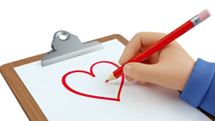 Hand drawing a red heart on a clipboard