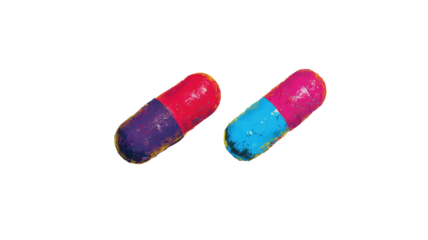 Two colorful capsules, one red-purple, one red-blue, isolated on black