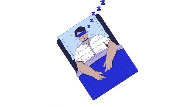 Sleeping with eye mask cartoon animation. Night rest zzzz. Bedtime routine. Man napping peacefully in bed with no light animated flat 2D character 4K video isolated on white, scene storytelling