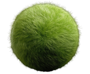 Fuzzy green sphere with soft fibers against a black background
