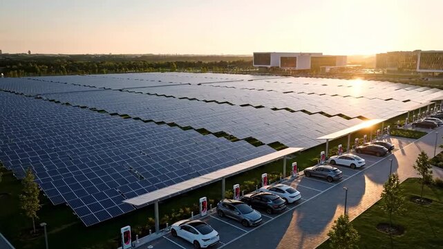 Renewable energy, several electric cars charging at solar panel charging station during sunset. Sustainability concept. Clean energy future, technology and electric vehicles.