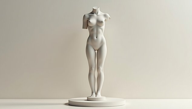 Artistic 3d illustration of a classical marble humanoid statue, headless and armless, showcasing a smooth matte texture and elegant form.
