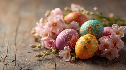 Colorful Easter eggs are beautifully arranged with flowers on a wooden surface.