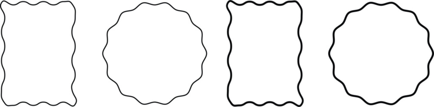Wavy edge hand drawn frame set, scalloped border rectangle and circle shapes