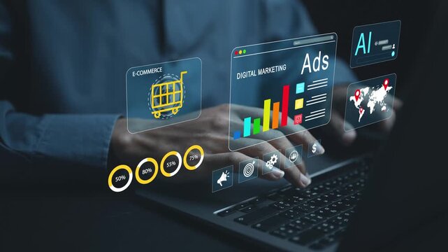 Digital marketing concept with technology interface, data analytics and performance dashboard. Online marketing strategy using SEO, social media and advertising for business growth. - Powered by Adobe