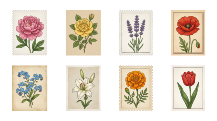 Vintage floral botanical postage stamp set including peony, rose, lavender, poppy, forget-me-not, lily, marigold, and tulip illustrations. Garden flower collection for scrapbooking and stationery.