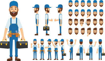 Professional Handyman Character Set with Repair Tools, Toolboxes, and Various Facial Expressions.