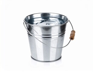 Iron Bucket Filled with Water Isolated on White Background
